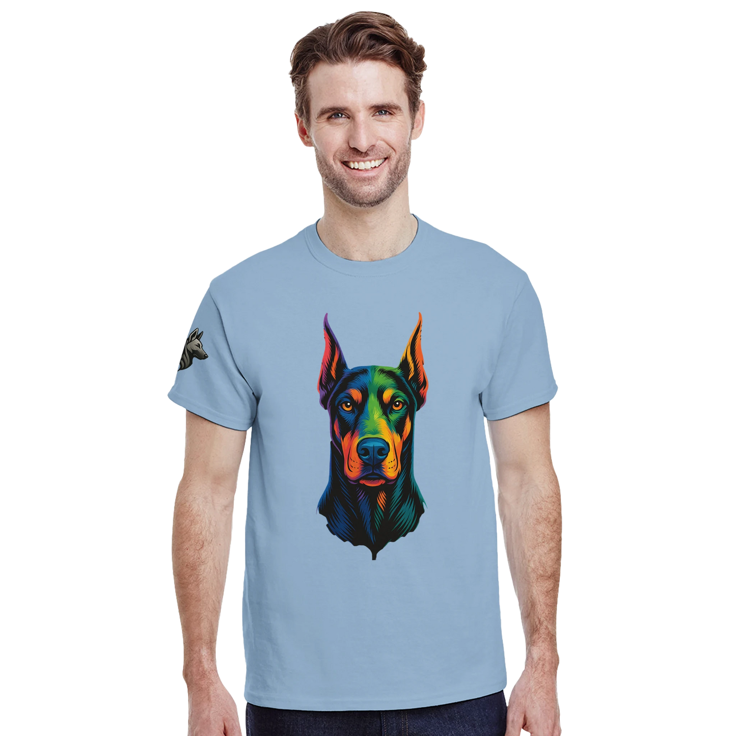 T-shirt adulte unisexe épais ras du cou bleu tête Dobermann arc en ciel