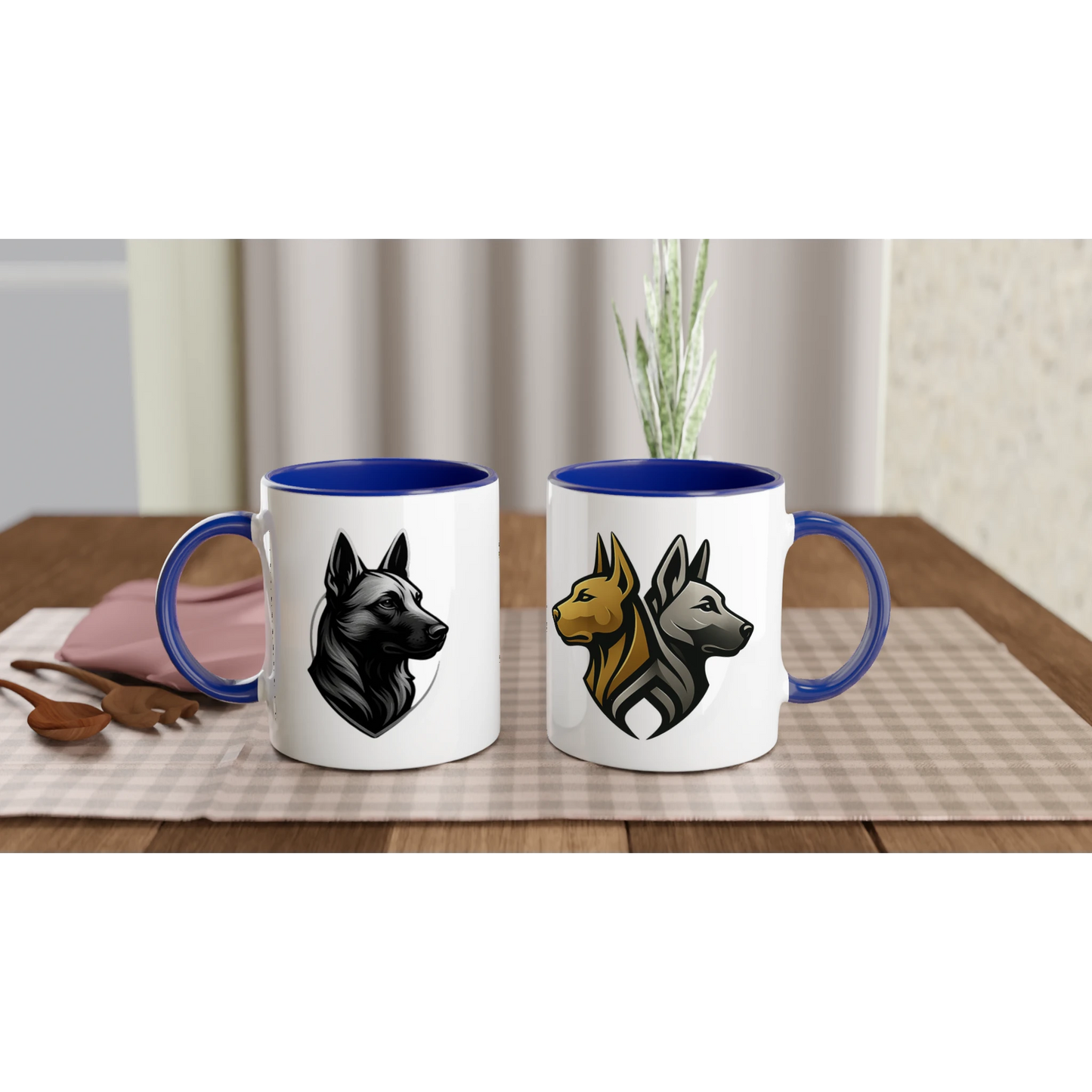 Mug céramique blanche 325 ml (11 oz) intérieur coloré bleu-tête Malinois argentée/noire