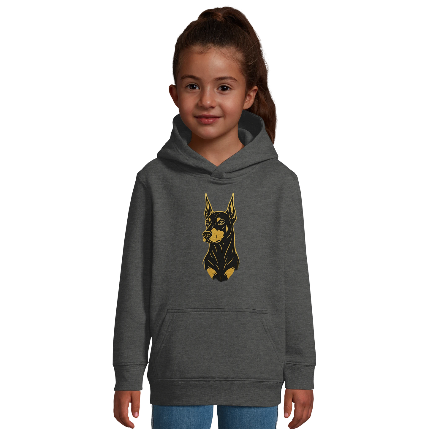 Sweat-shirt à capuche enfant gris tête Dobermann dorée et noire