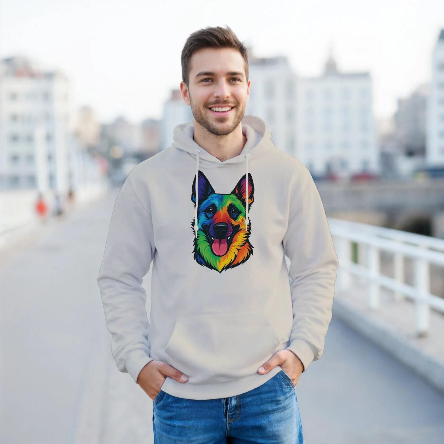 Sweat à capuche adulte unisexe classique beige tête Malinois arc en ciel