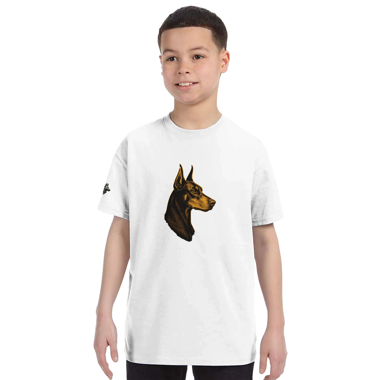 T-shirt enfant classique ras du cou tête profil Dobermann dorée avec logo sur la manche MolossDesign