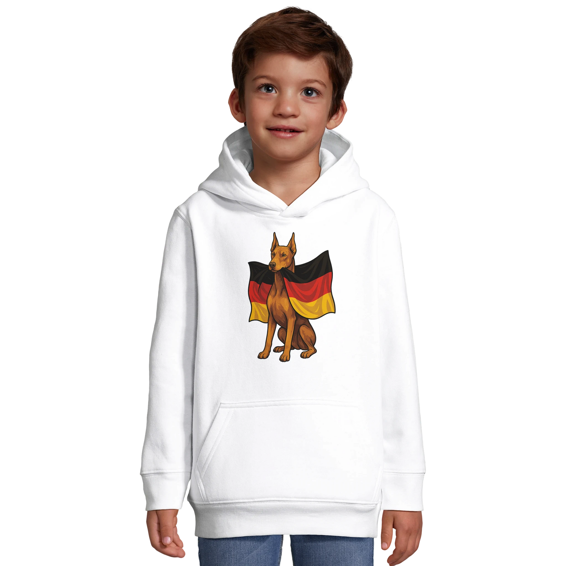 Sweat-shirt à capuche enfant blanc Dobermann avec drapeau allemand