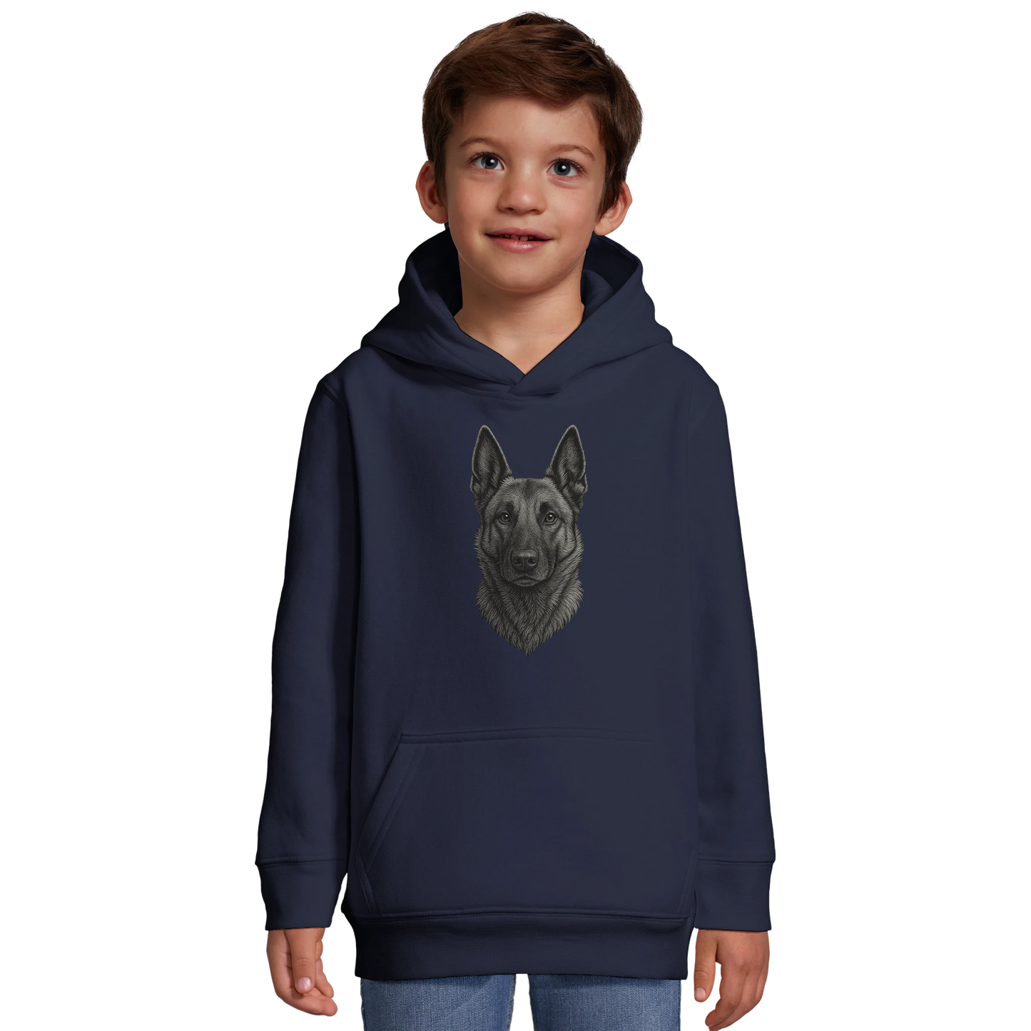 Sweat-shirt à capuche enfant bleu marine tête Malinois argentée