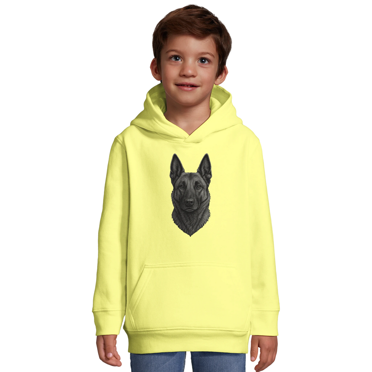 Sweat-shirt à capuche enfant jaune clair tête Malinois argentée
