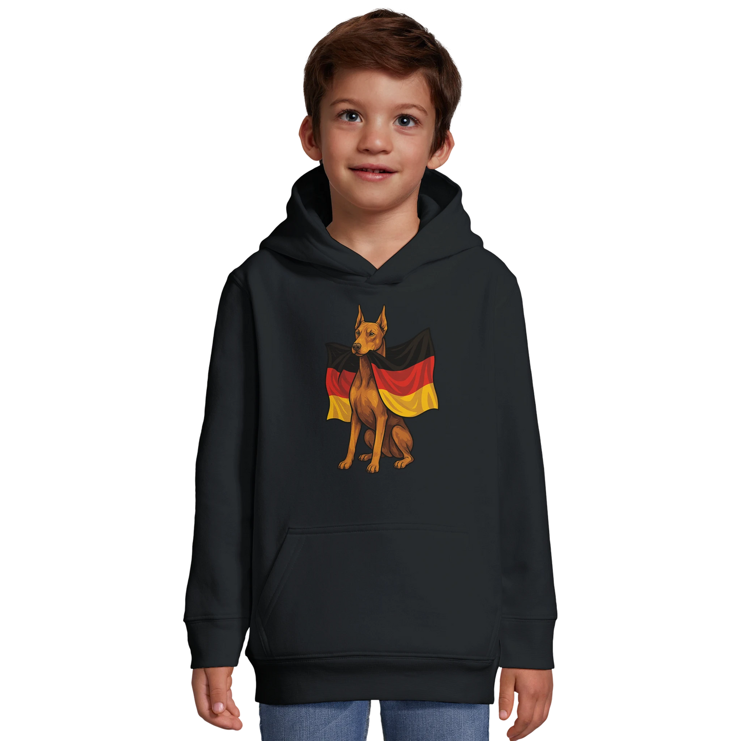 Sweat-shirt à capuche enfant noir Dobermann avec drapeau allemand