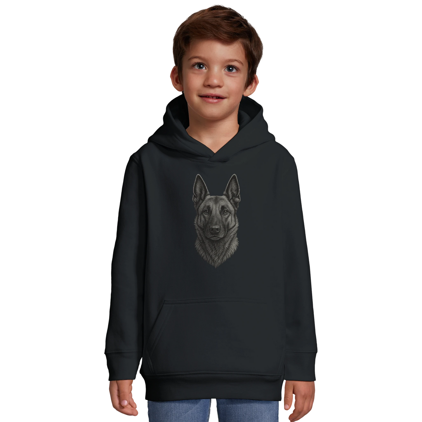 Sweat-shirt à capuche enfant noir tête Malinois argentée
