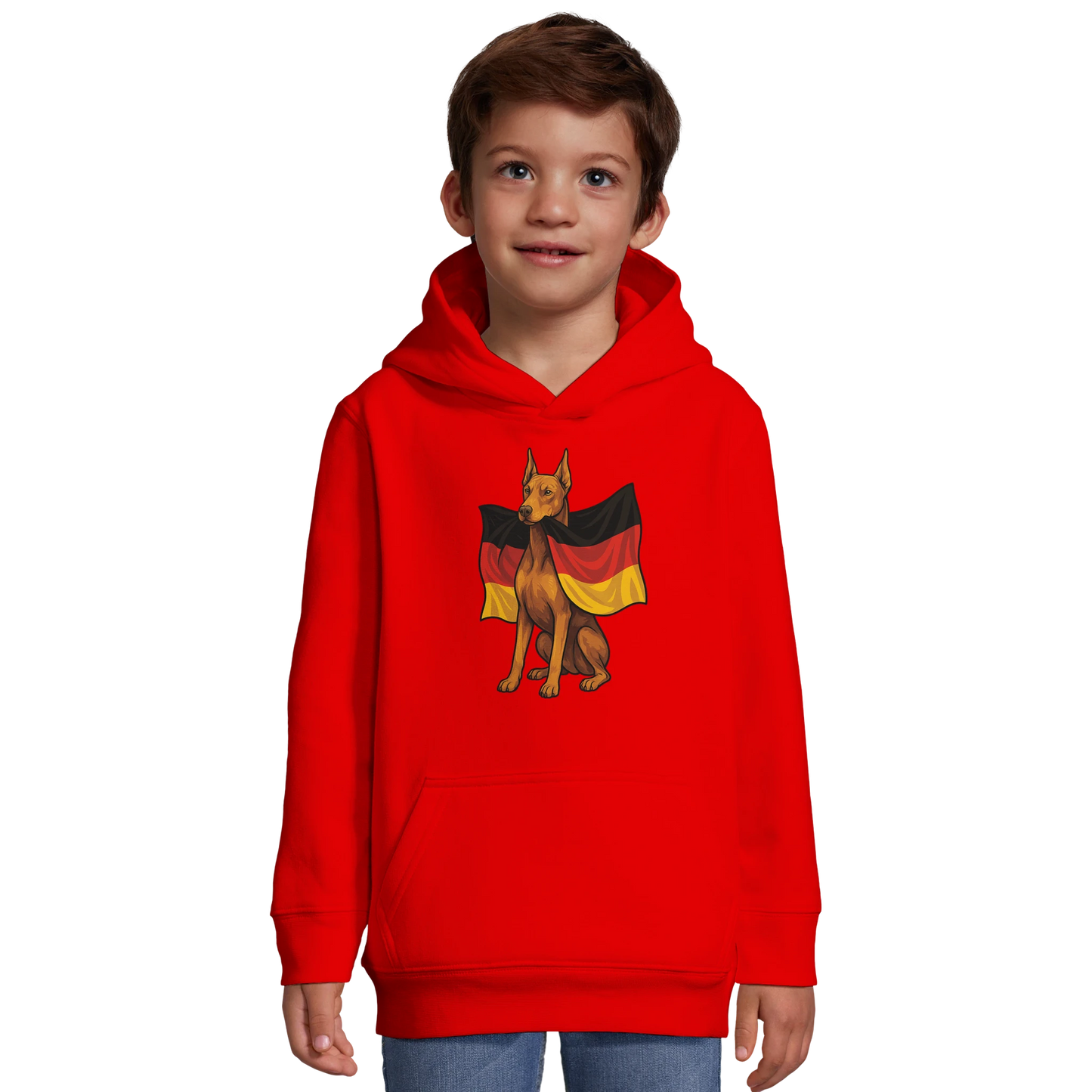 Sweat-shirt à capuche enfant rouge Dobermann avec drapeau allemand