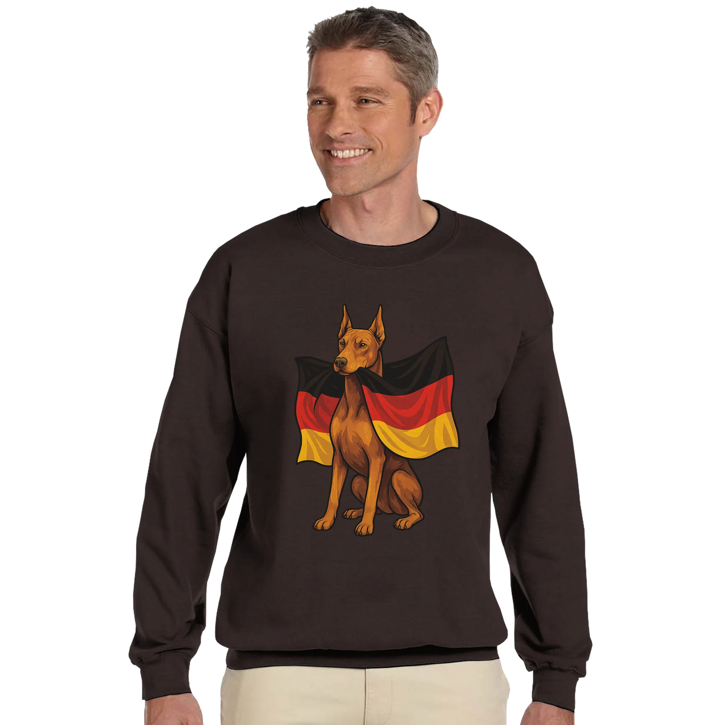 Sweat-shirt adulte unisexe classique ras du cou marron Dobermann+drapeau