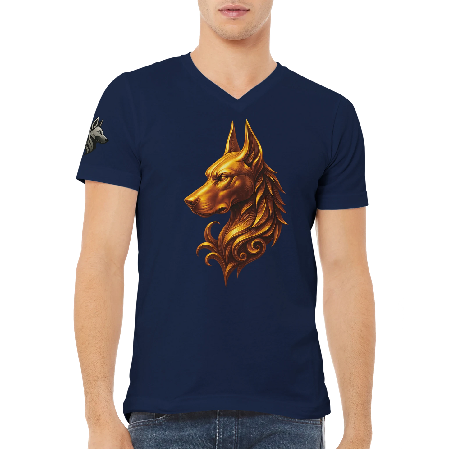 T-shirt adulte unisexe premium col en V bleu tête majestueuse Dobermann