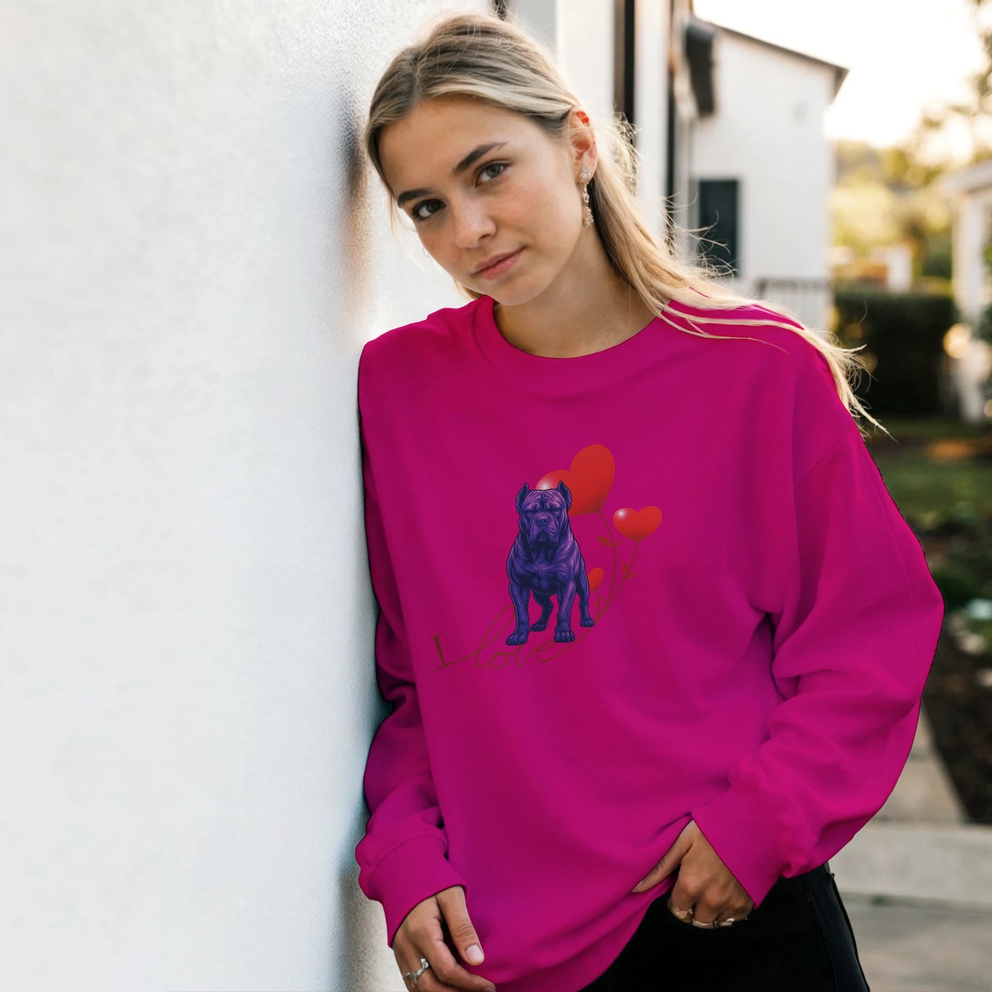 weat-shirt adulte unisexe classique ras du cou fuchsia I love Cane Corso