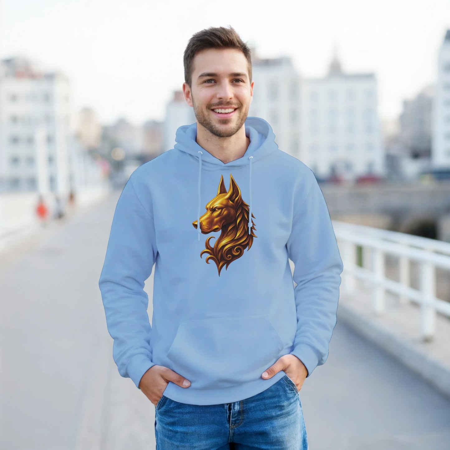 Sweat à capuche adulte unisexe classique bleu tête majestueuse Dobermann