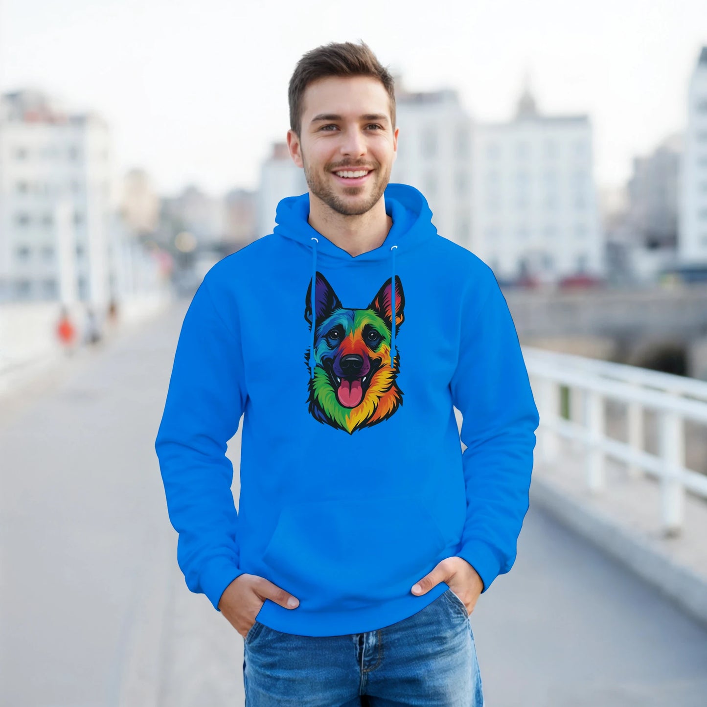 Sweat à capuche adulte unisexe classique bleu tête Malinois arc en ciel
