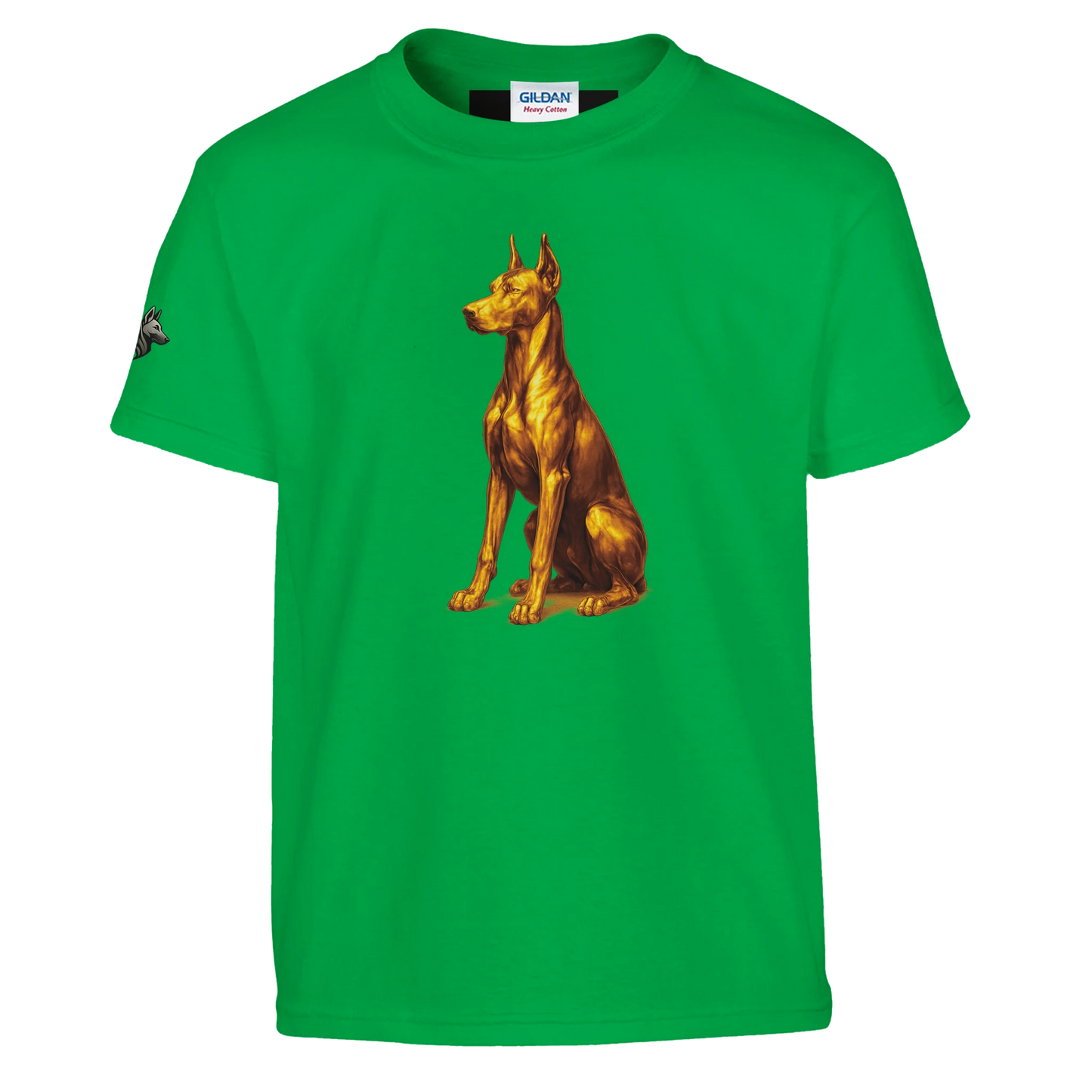 Marque MolossDesign | T-shirt enfant classique ras du cou Dobermann doré assis1 avec logo sur manche droite MolossDesign