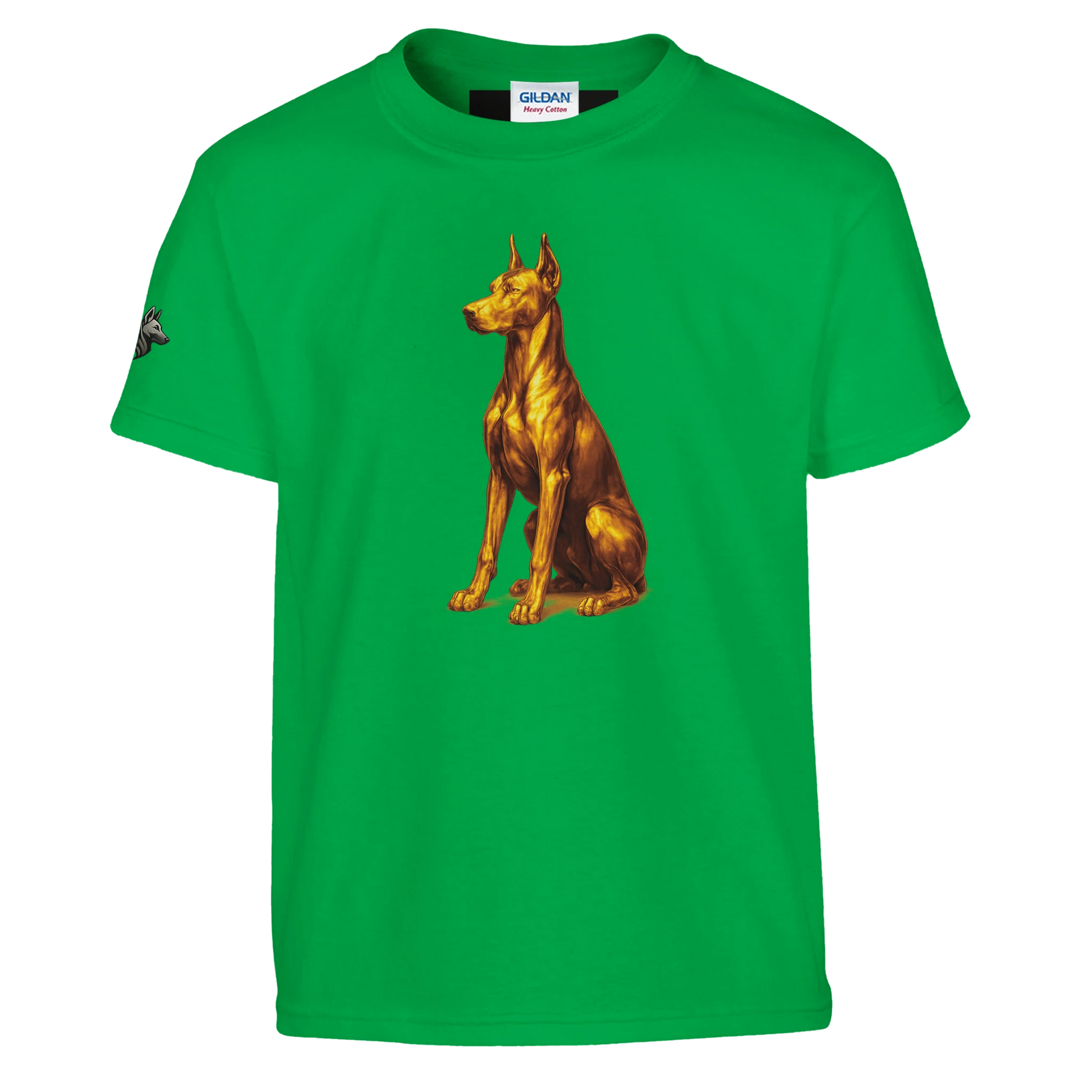 Marque MolossDesign | T-shirt enfant classique ras du cou Dobermann doré assis1 avec logo sur manche droite MolossDesign
