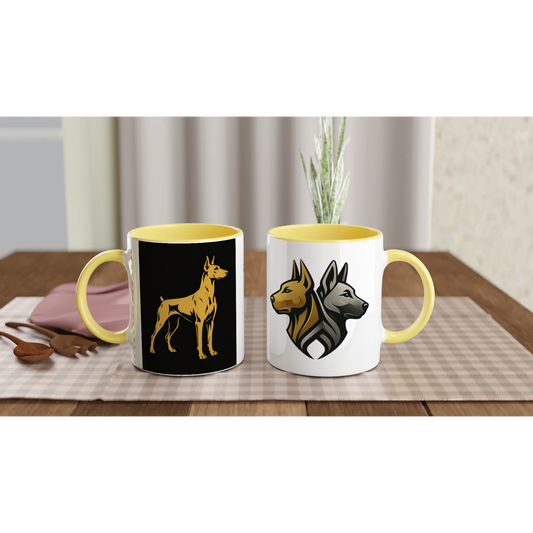 Mug céramique blanche 325 ml (11 oz) intérieur coloré jaune-Dobermann doré fond noir