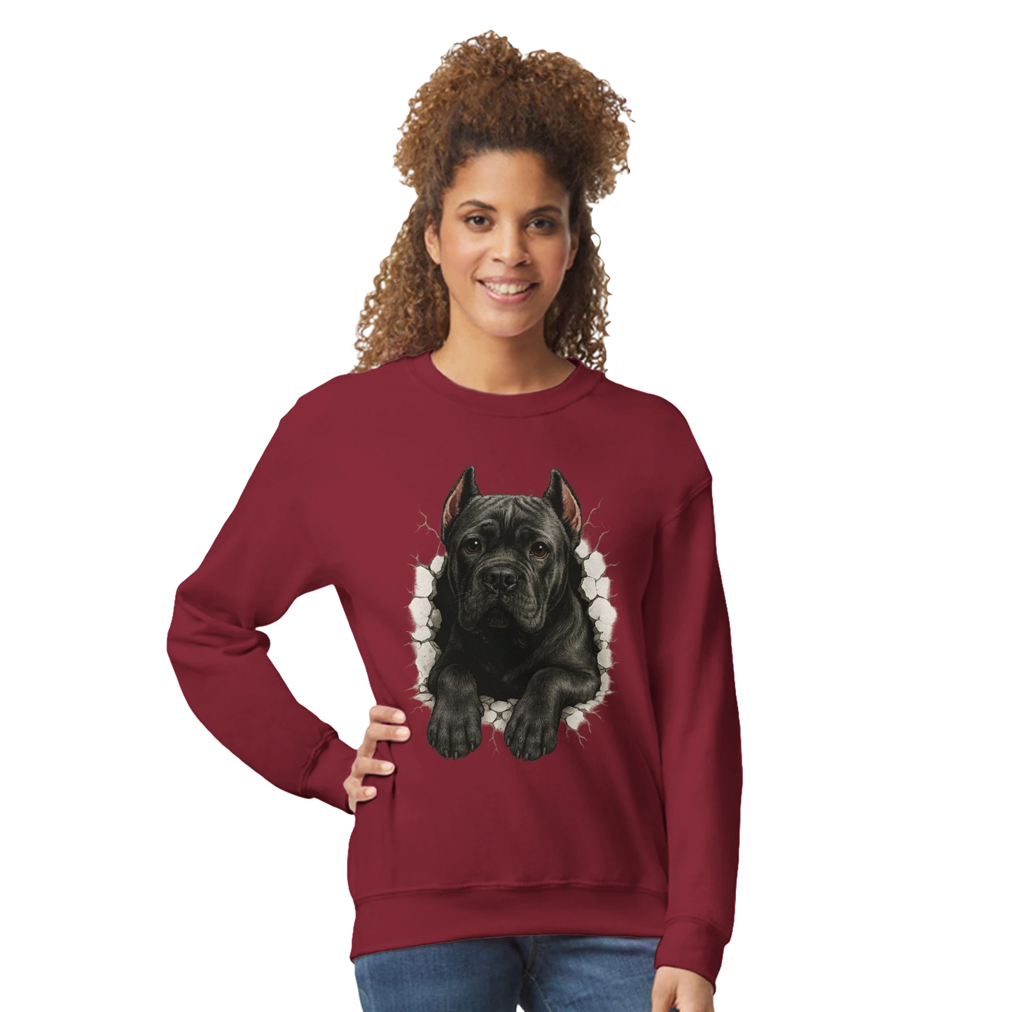 Sweat-shirt adulte unisexe classique ras du cou rouge Cane Corso trou mur