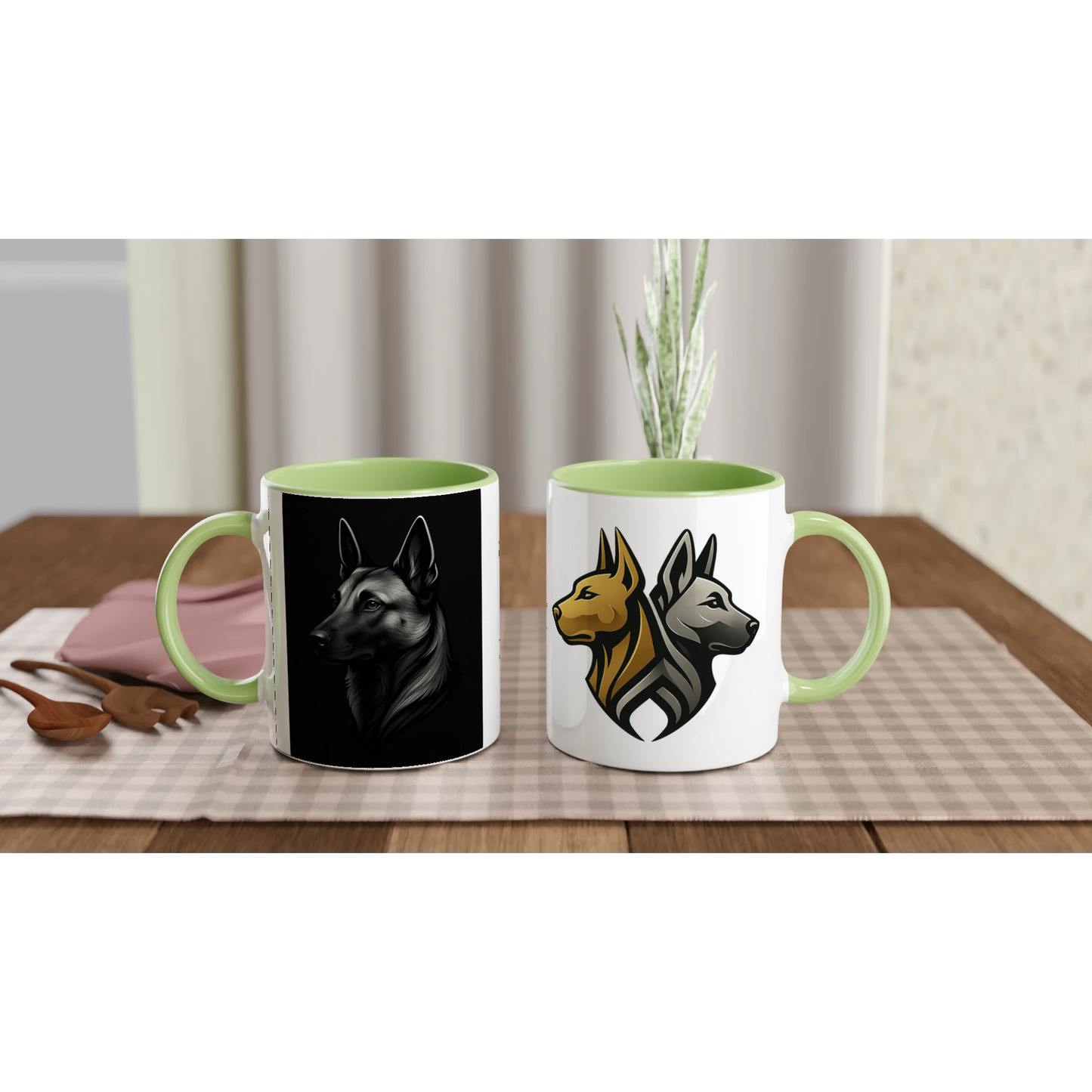 Mug céramique blanche 325 ml (11 oz) intérieur coloré vert-tête Malinois argentée/noire