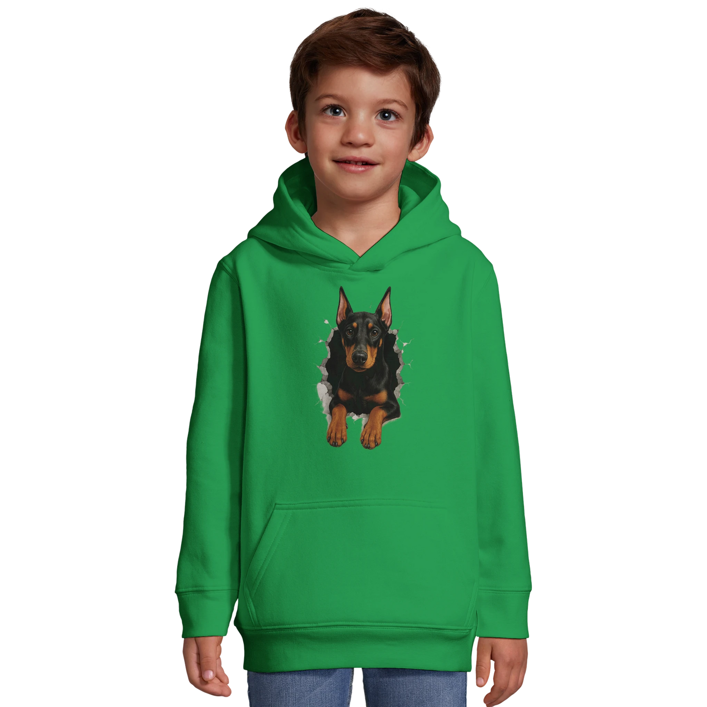Sweat-shirt à capuche enfant vert-Dobermann trou mur