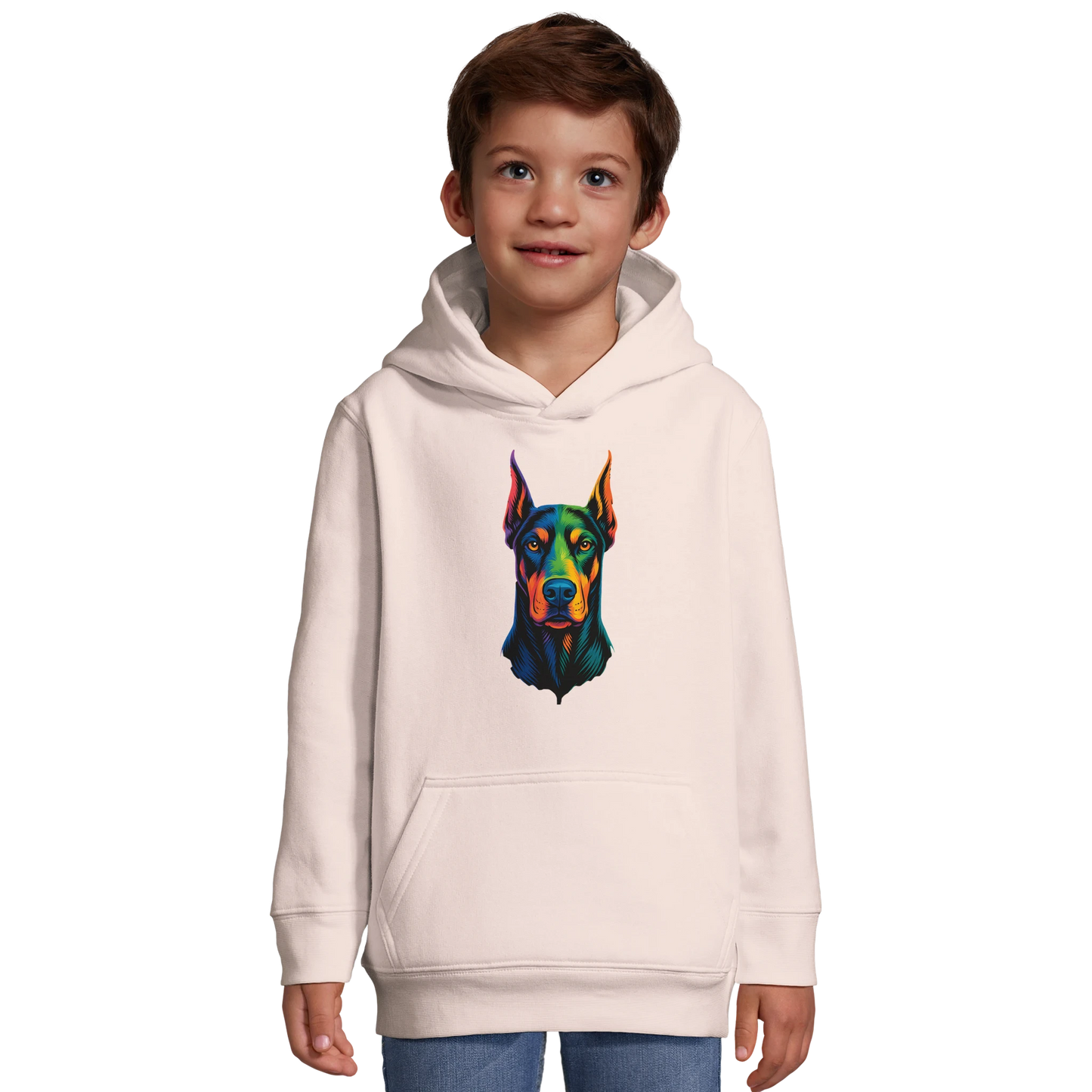 Sweat-shirt à capuche enfant rose tête Dobermann arc en ciel