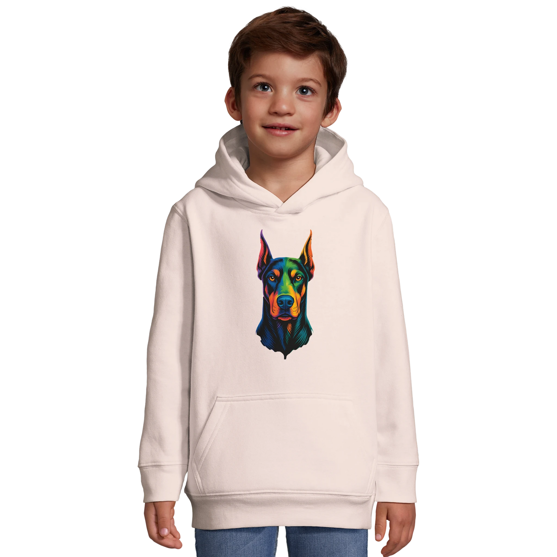Sweat-shirt à capuche enfant rose tête Dobermann arc en ciel