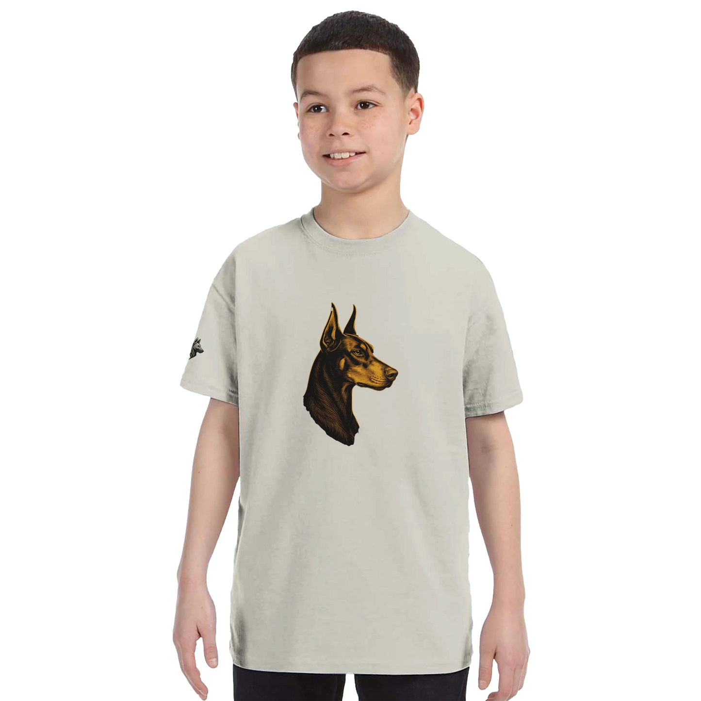 T-shirt enfant classique ras du cou tête profil Dobermann dorée avec logo sur la manche MolossDesign