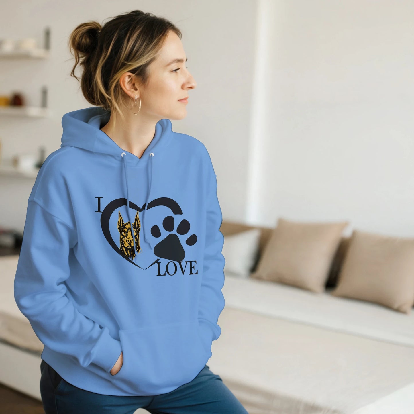 Sweat à capuche adulte unisexe classique bleu I love Dobermann