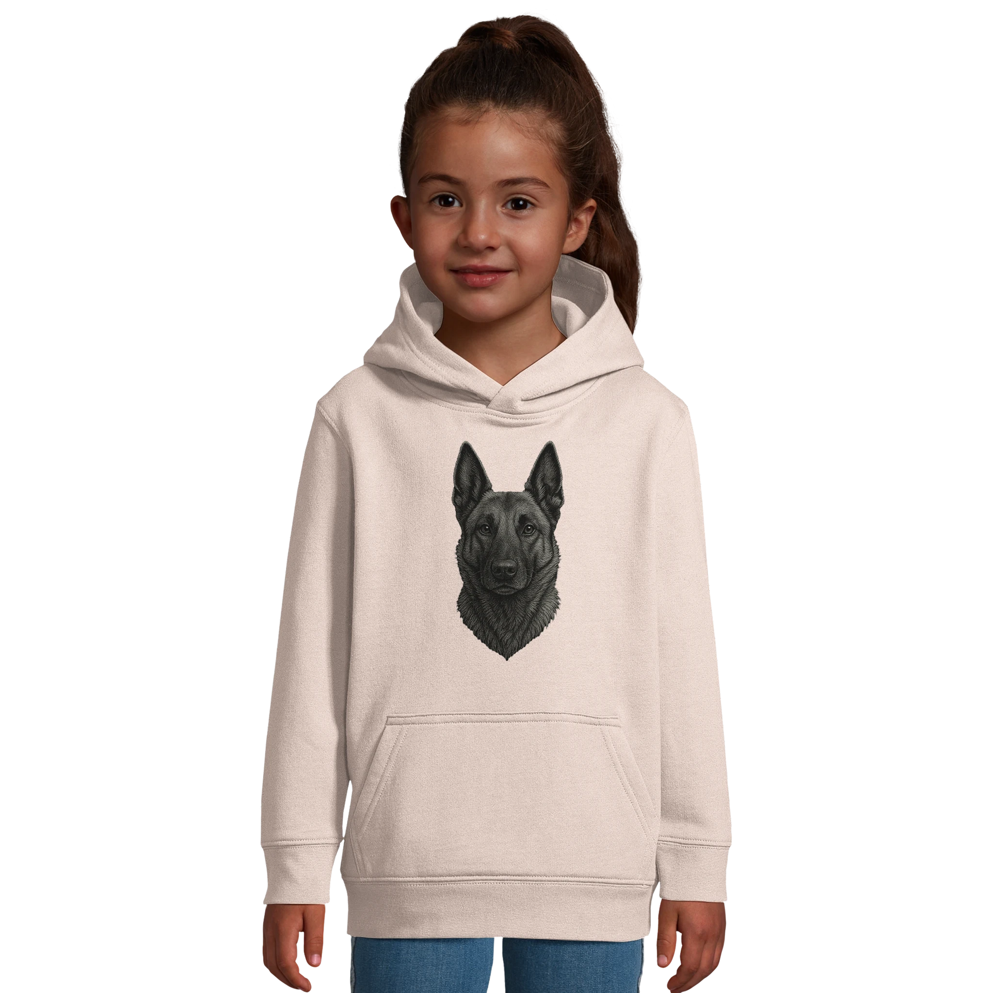 Sweat-shirt à capuche enfant rose clair tête Malinois argentée