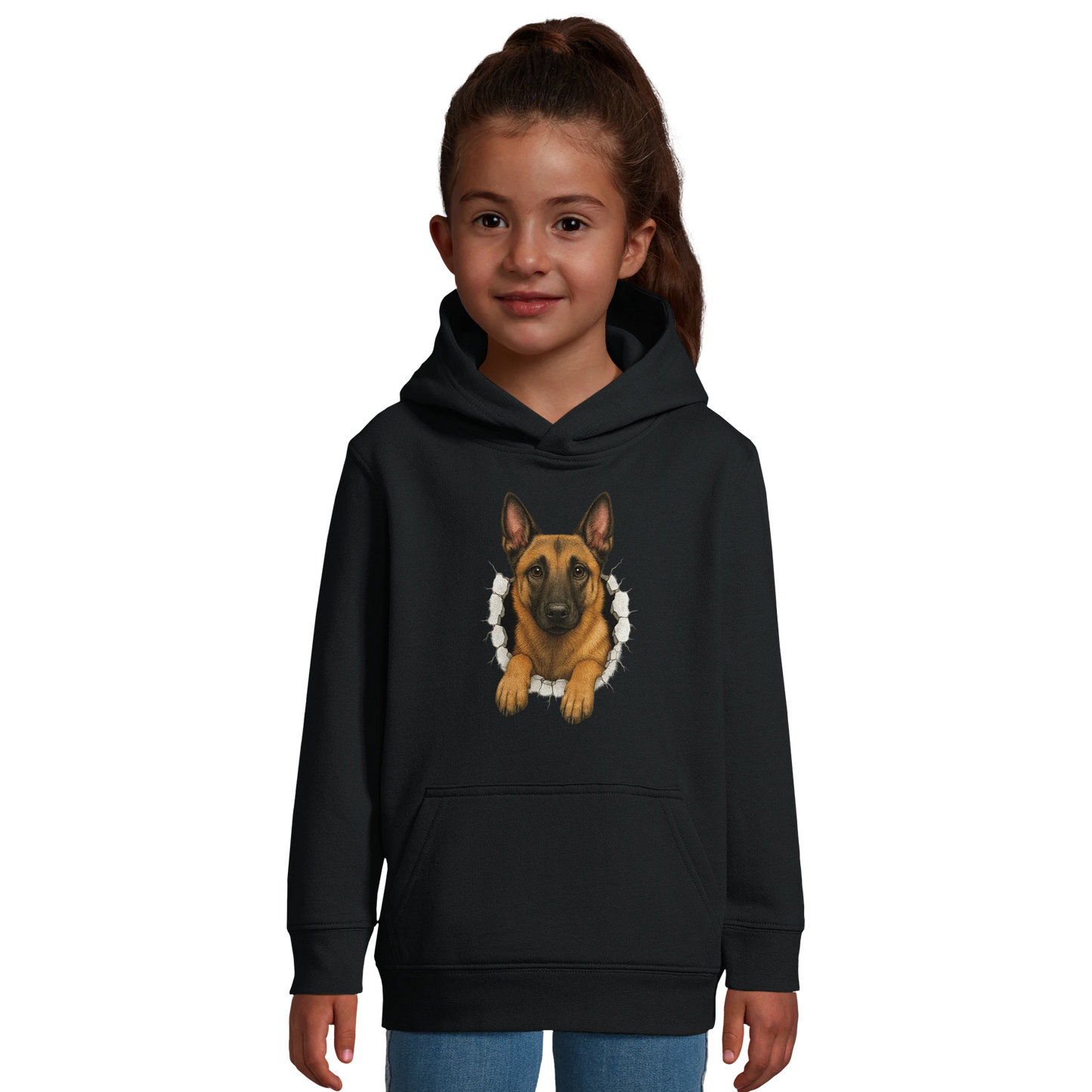 Sweat-shirt enfant à capuche noir Malinois trou mur