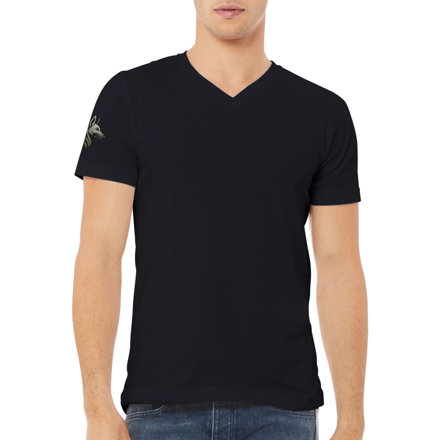 T-shirt unisexe premium uni col en V avec logo sur manche droite MolossDesign