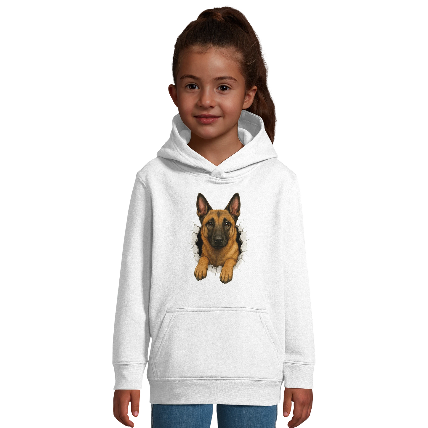 Sweat-shirt enfant à capuche blanc Malinois trou mur