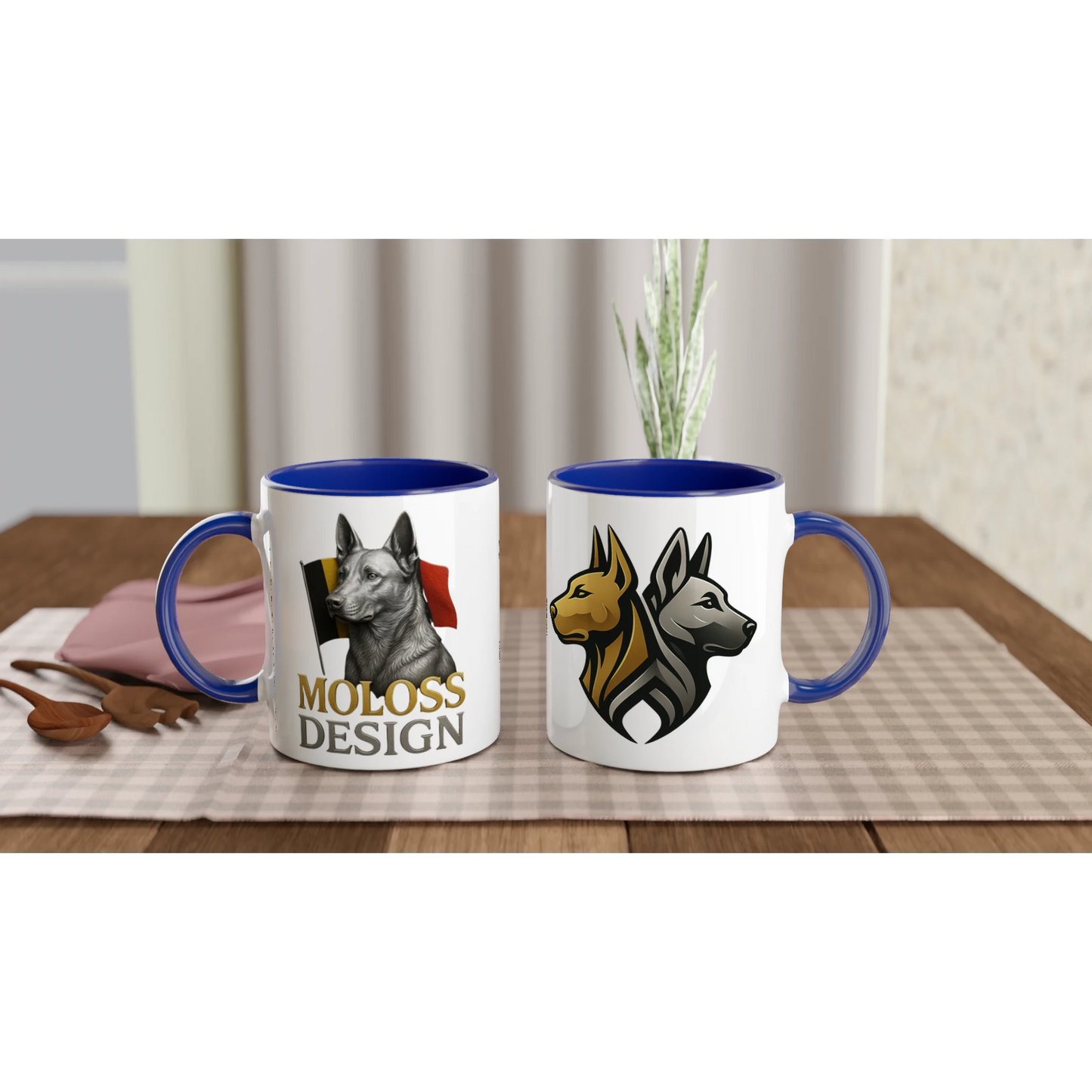 Mug en céramique blanche 325 ml (11 oz) avec intérieur coloré bleu Malinois argenté drapeau belge