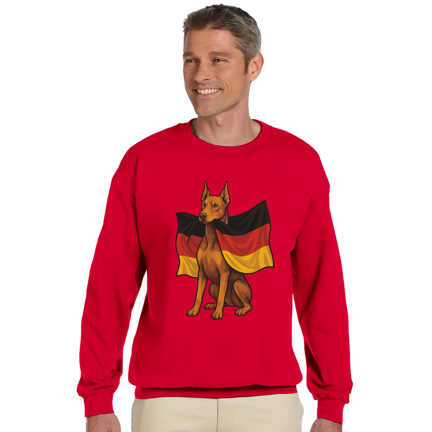 Sweat-shirt adulte unisexe classique ras du cou rouge Dobermann+drapeau