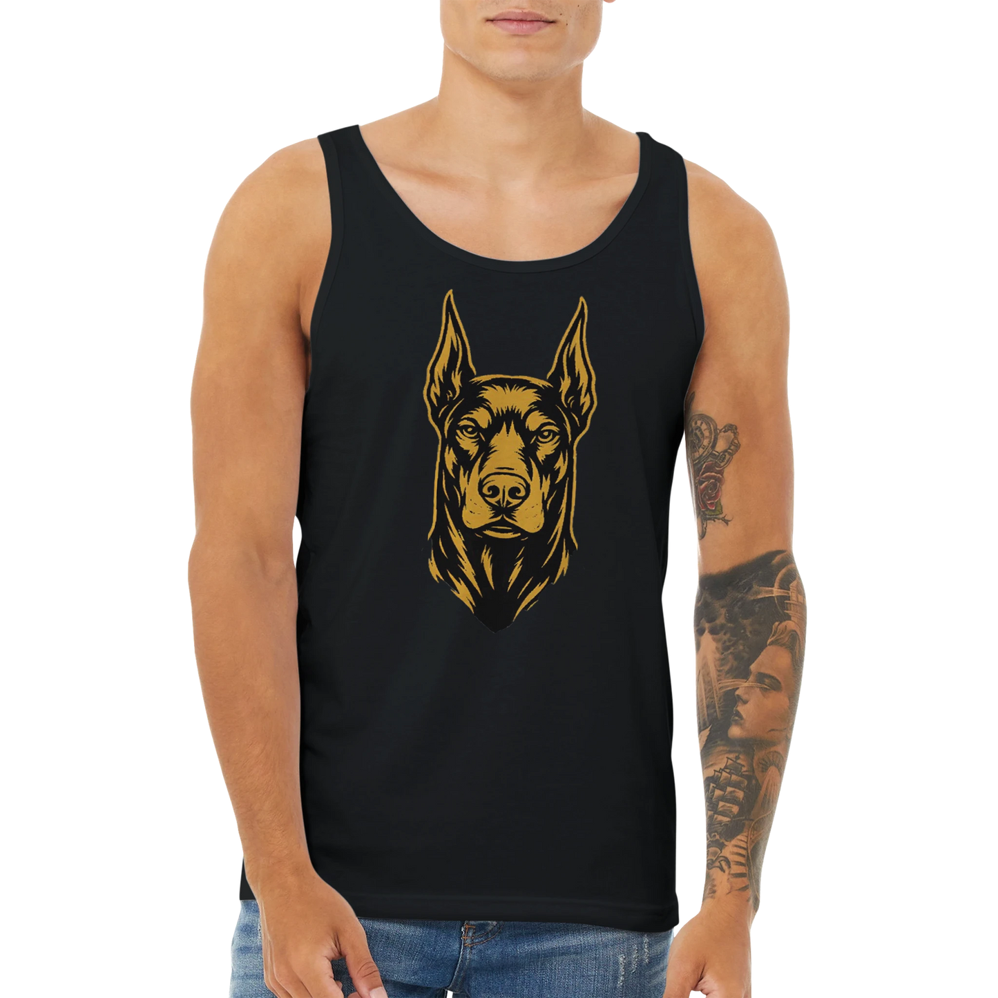 Débardeur adulte unisexe premium noir tête Dobermann noir doré