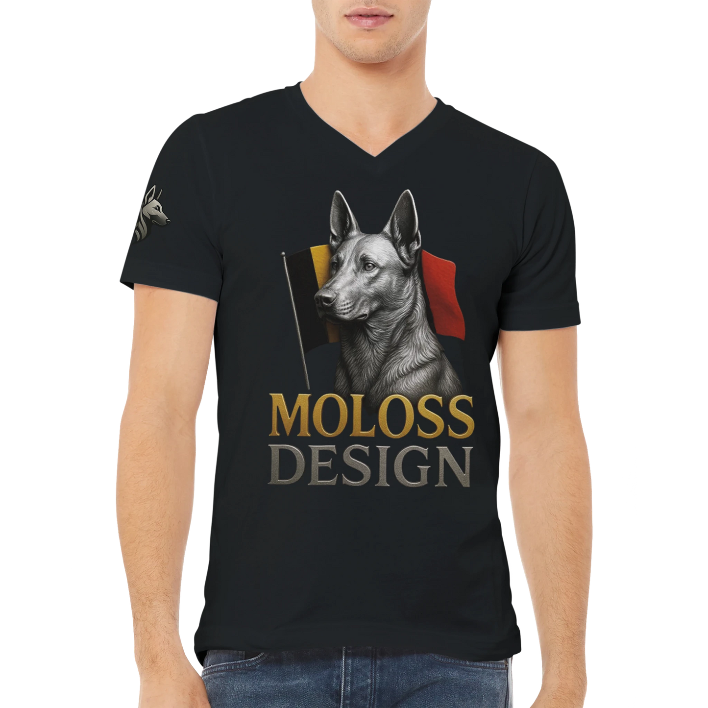 T-shirt adulte unisexe premium col en V noir Malinois+drapeau