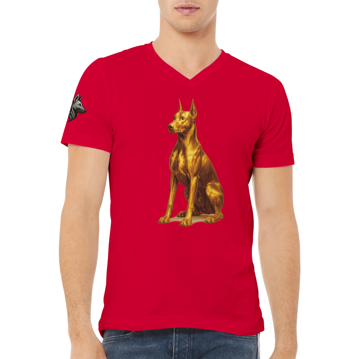 T-shirt unisexe premium col en V rouge Dobermann doré assis