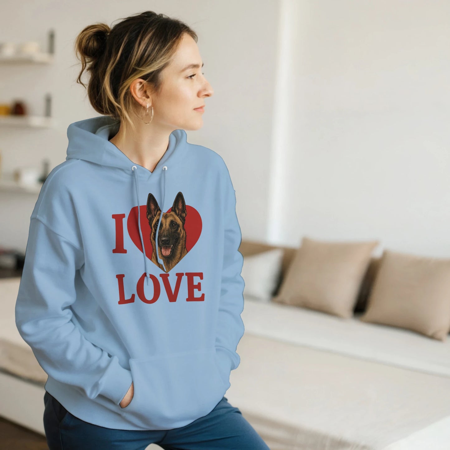 Sweat à capuche adulte unisexe classique bleu I love Malinois