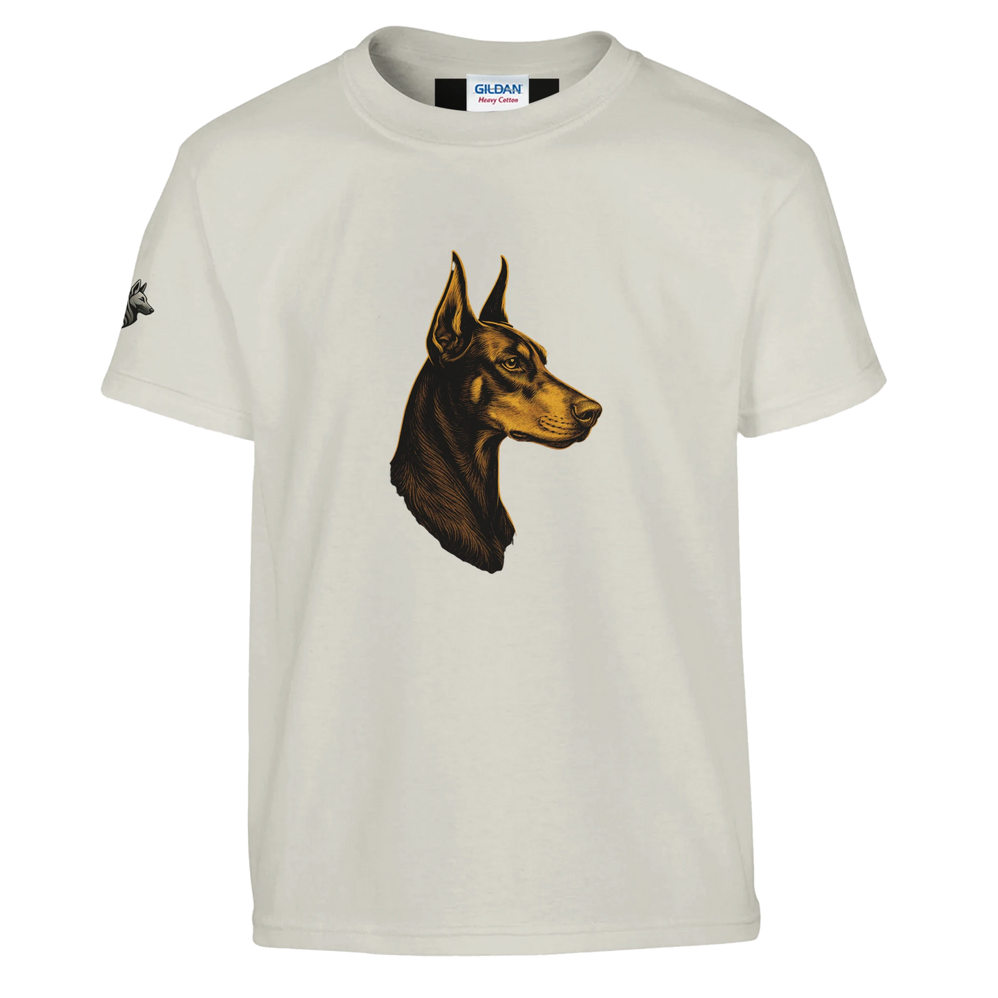 T-shirt enfant classique ras du cou tête profil Dobermann dorée avec logo sur la manche MolossDesign