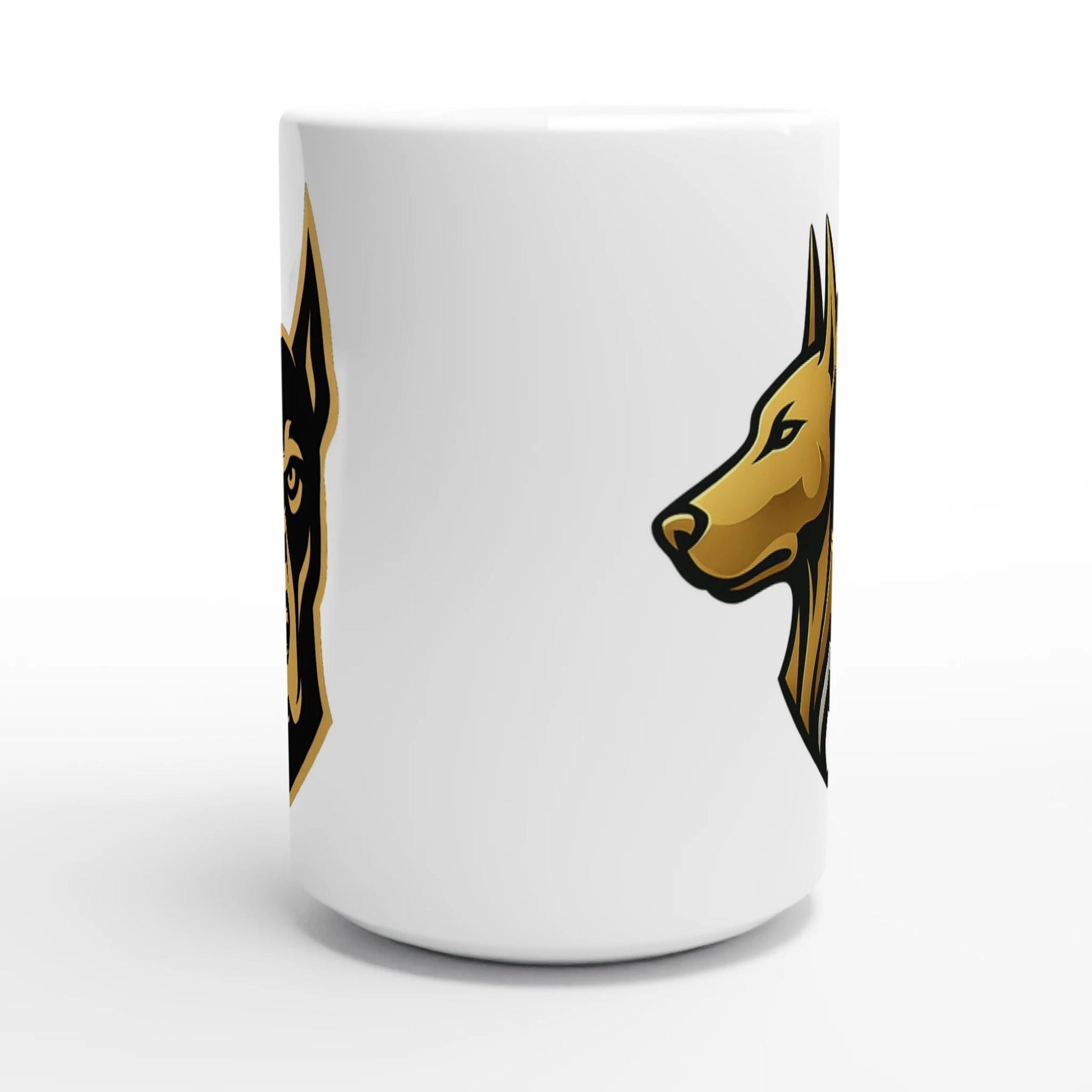 Marque MolossDesign | Mug en céramique blanche de 443 ml (15 oz) tête Dobermann doré et noir avec logo MolossDesign