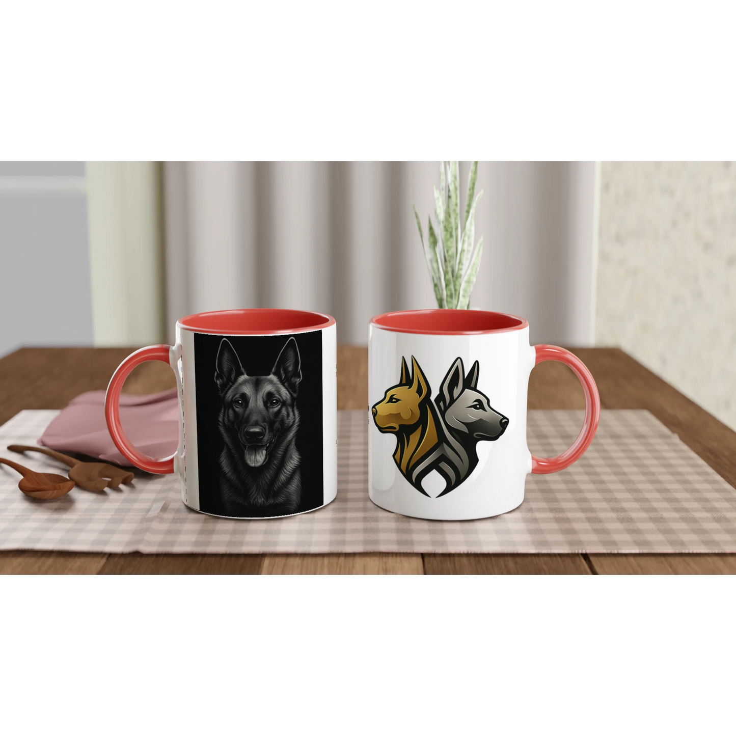 Mug céramique blanche 325 ml (11 oz) intérieur coloré rouge-tête Malinois fond noir