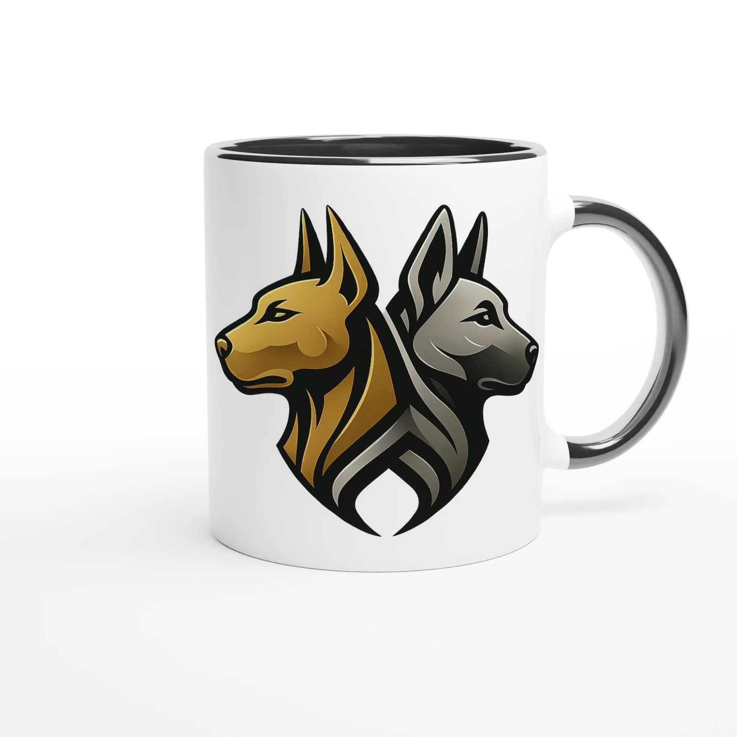 Mug en céramique blanche 325 ml (11 oz) avec intérieur coloré Malinois argenté drapeau belge logo MolossDesign