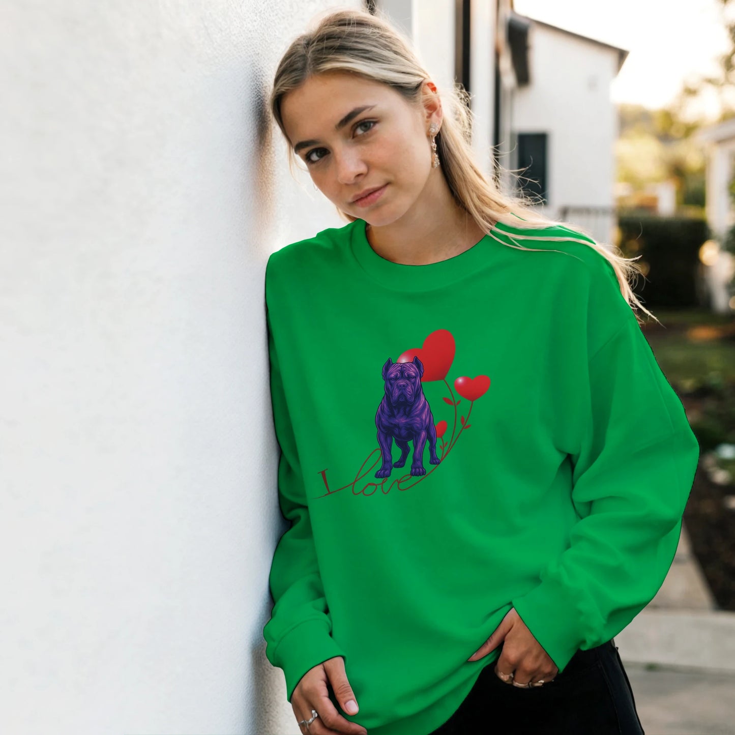 weat-shirt adulte unisexe classique ras du cou vert I love Cane Corso