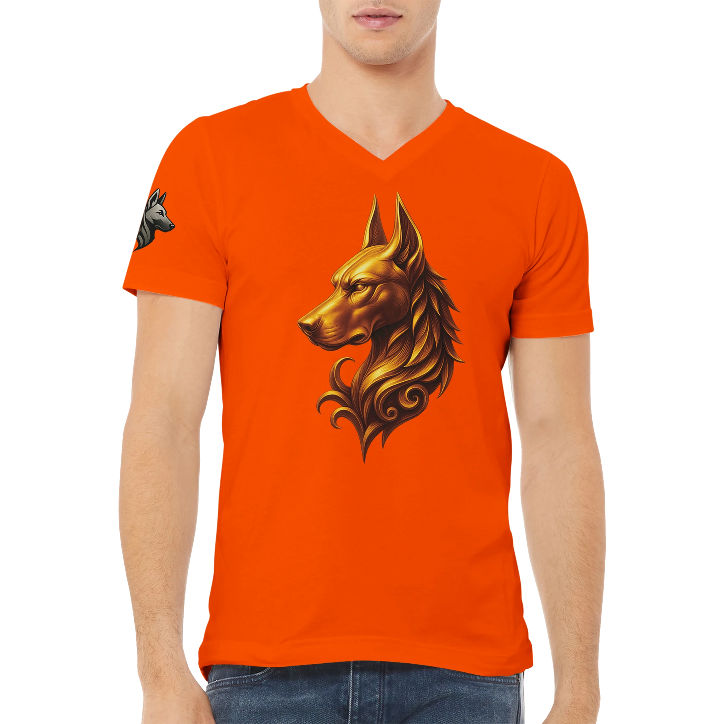 T-shirt adulte unisexe premium col en V orange tête majestueuse Dobermann
