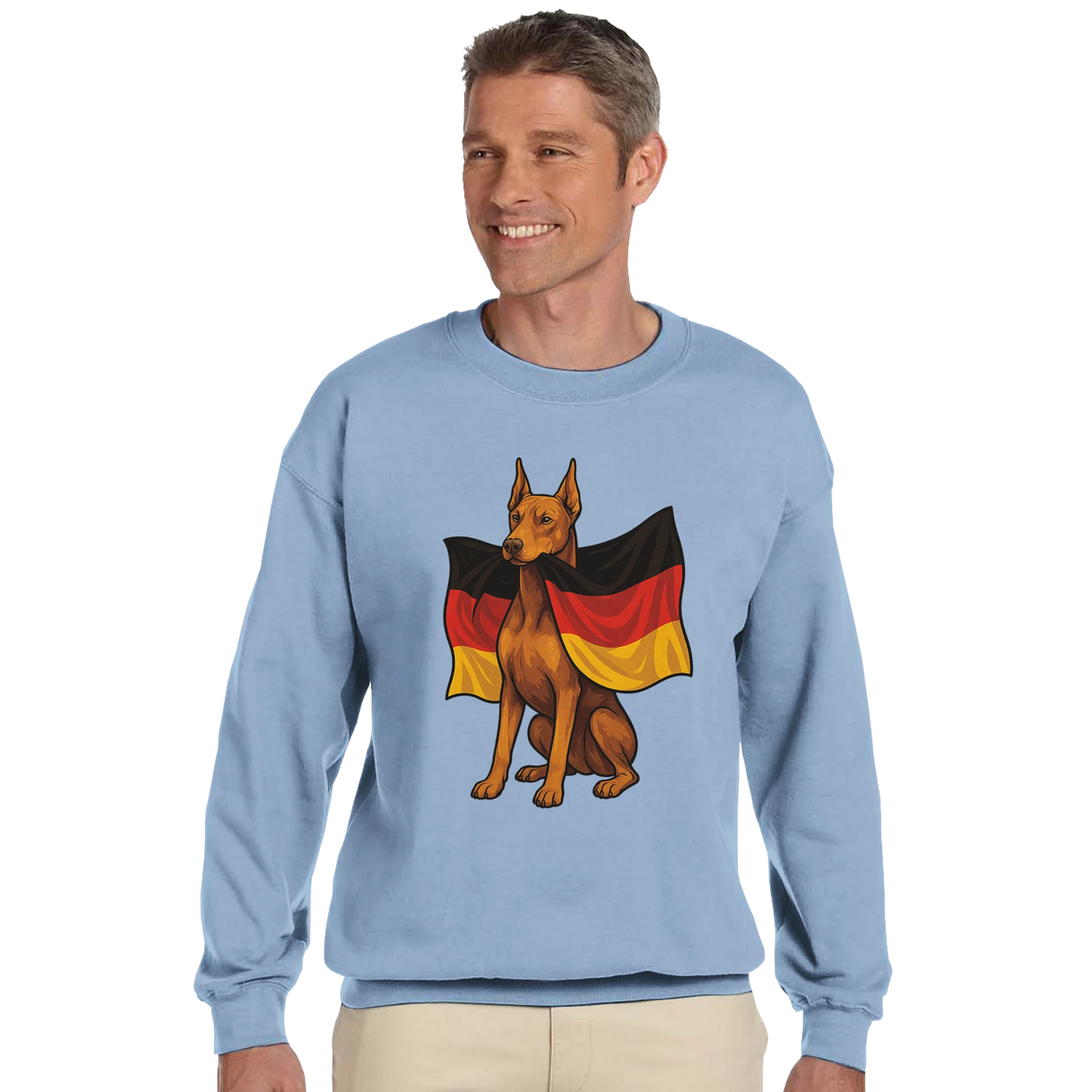 Sweat-shirt adulte unisexe classique ras du cou bleu Dobermann+drapeau