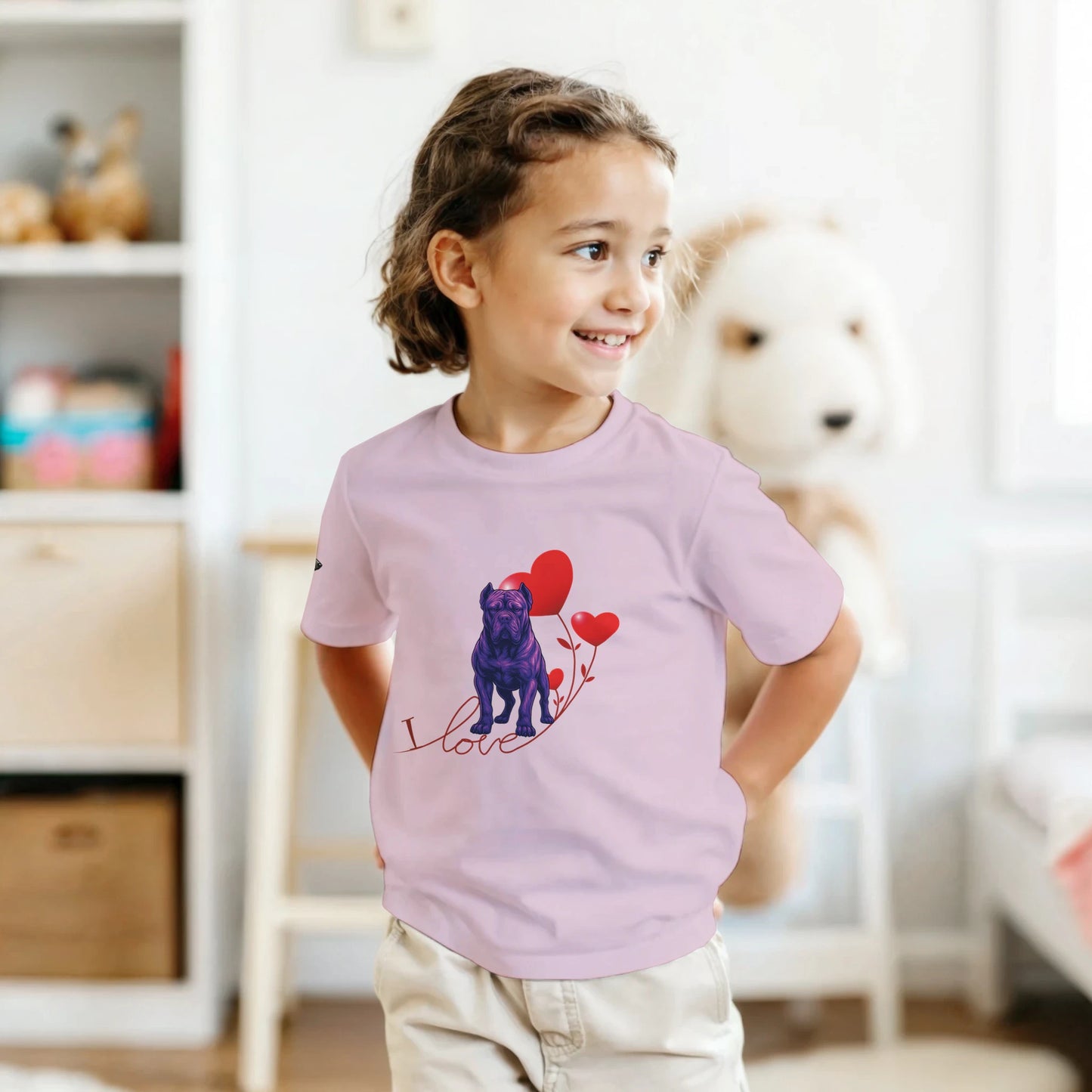 T-shirt enfant unisexe classique ras du cou rose I love Cane Corso
