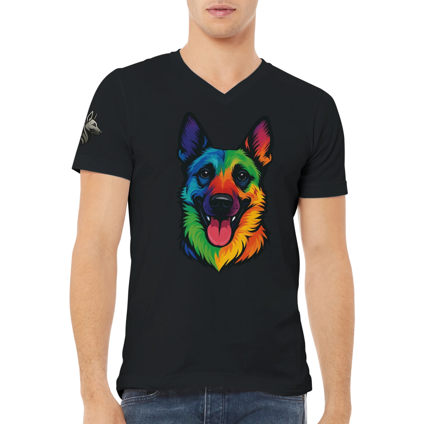 T-shirt adulte unisexe premium col en V gris foncé tête Malinois arc en ciel
