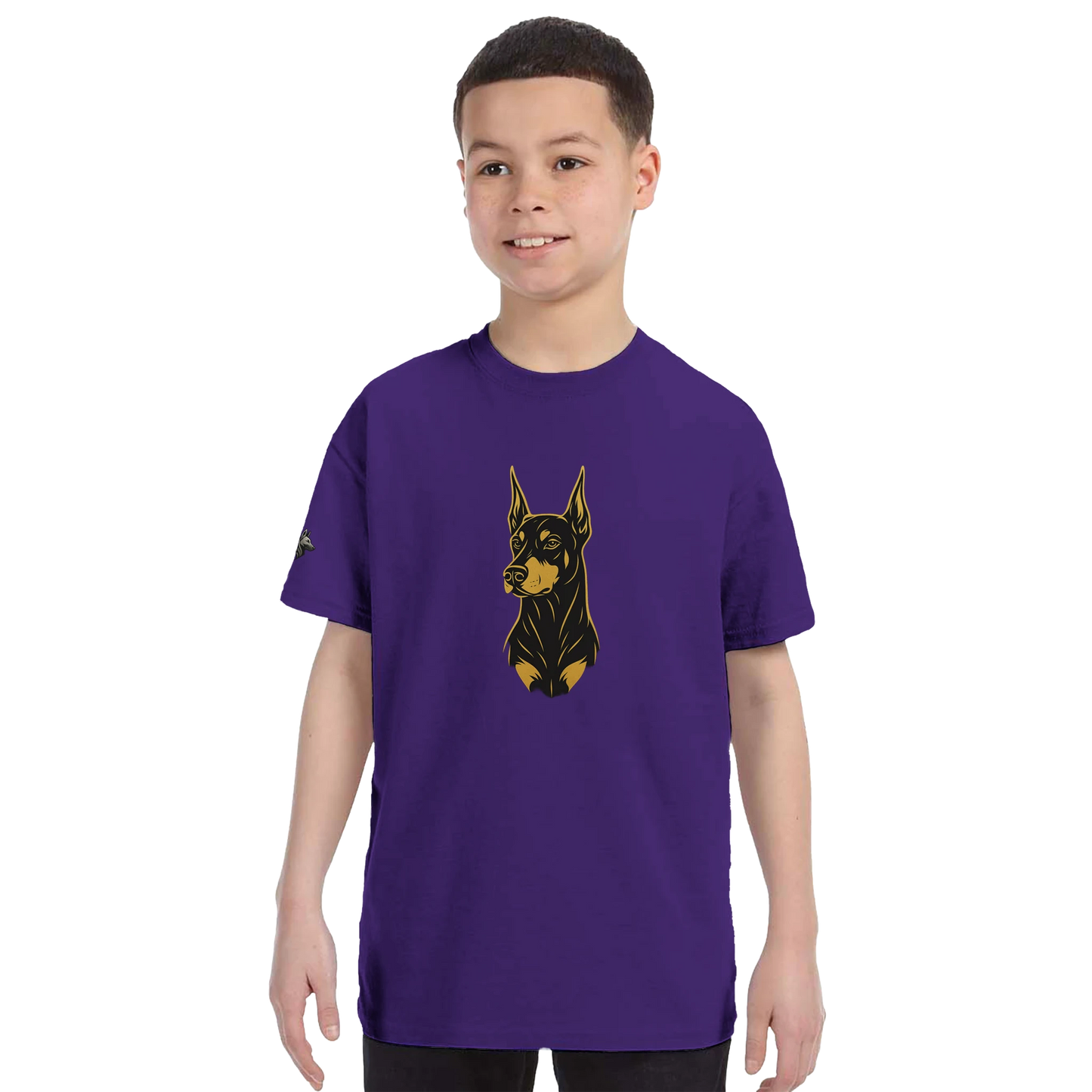 T-shirt enfant classique ras du cou tête Dobermann dorée et noire1 avec logo sur manche droite MolossDesign