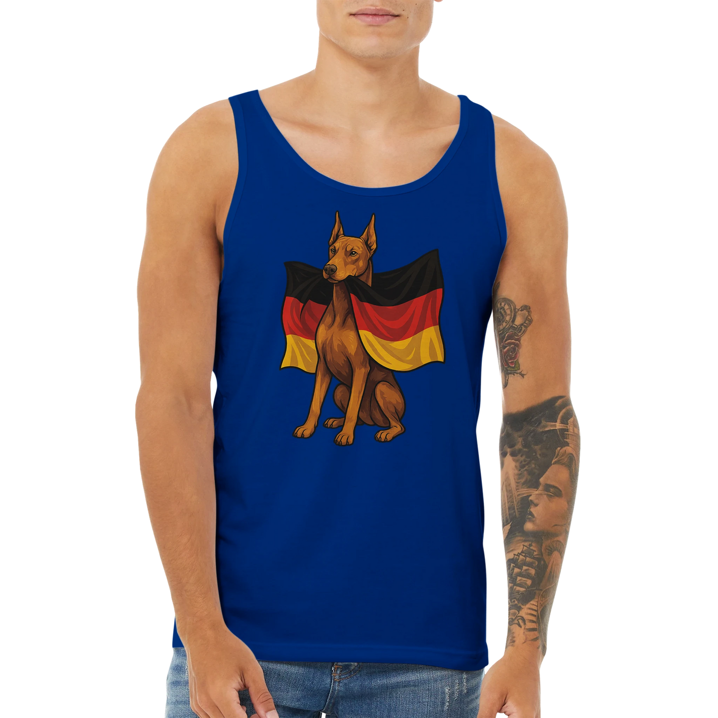 Débardeur adulte unisexe premium bleu Dobermann drapeau