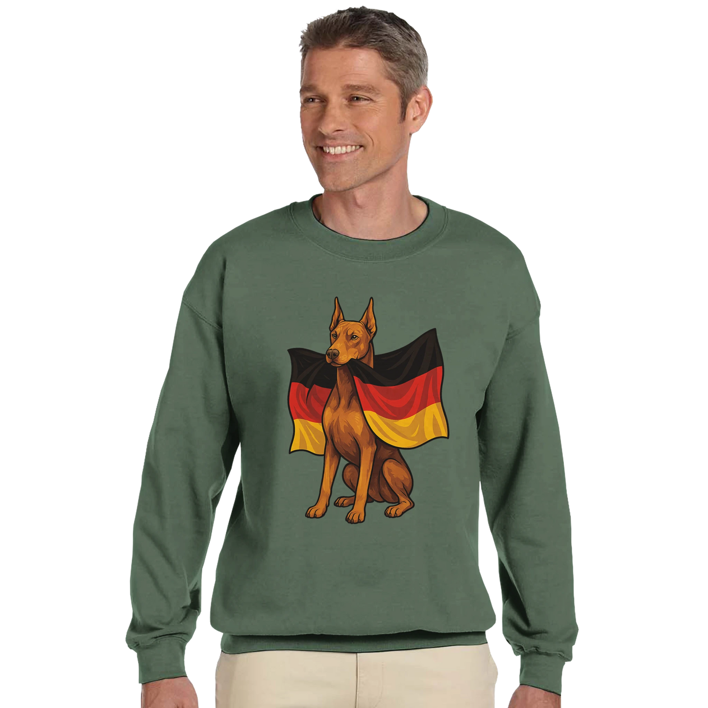 Sweat-shirt adulte unisexe classique ras du cou vert Dobermann+drapeau