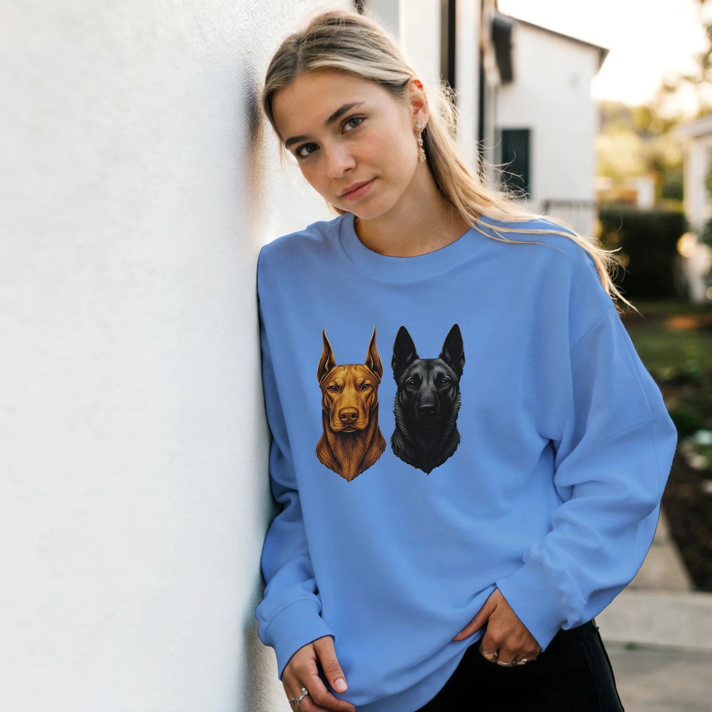 Sweat-shirt adulte unisexe classique ras du cou bleu tête Dobermann+Malinois
