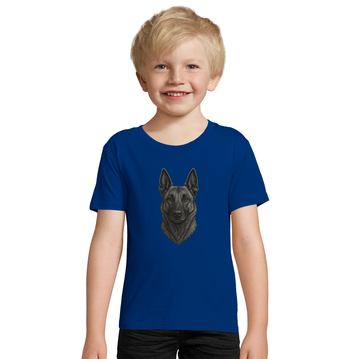 Marque MolossDesign | T-shirt enfant coton bio ajusté tête Malinois argentée1 avec logo sur le dos MolossDesign